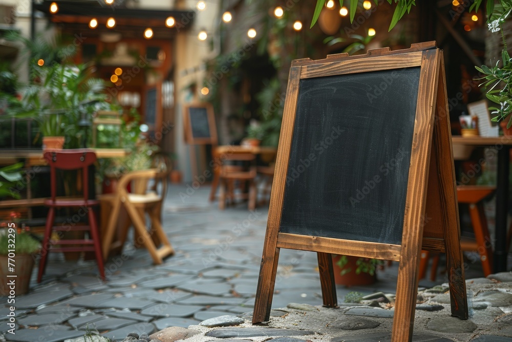 Poster A blackboard is on a wooden stand in front of restaurant