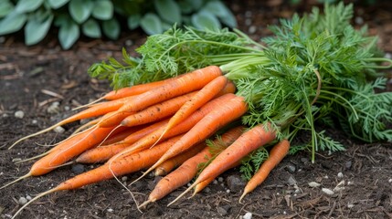 Lush and vibrant carrots freshly harvested from the rich soil of a greenhouse garden