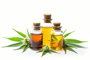 Three bottles of cannabis oil are displayed on a white background