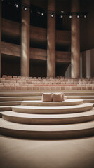 Fototapeta premium An empty theater with pink velvet seats and a tan marble stage.