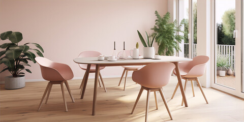 Pink modern dining room with plants and large windows in minimalist style
