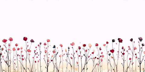 Delicate watercolor painting of a meadow with wildflowers in red and pink hues, with a white background in the top part of the image. - obrazy, fototapety, plakaty