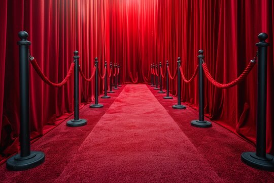 A red carpet with black poles and red ropes