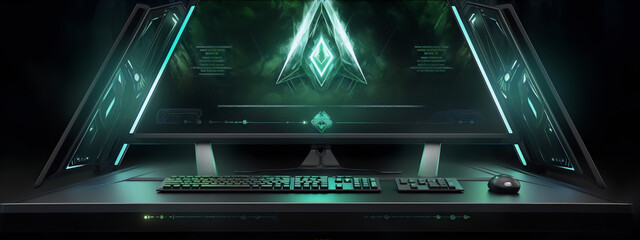 A dark and mysterious gaming room with a large green monitor, a black keyboard and mouse, and a green neon light on the wall. - obrazy, fototapety, plakaty