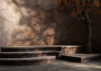 3d rendering of a stone podium with a tree and sunlight and shadows on the background in an abstract style