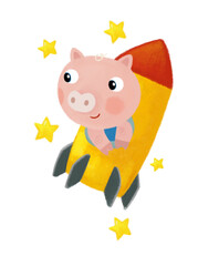 cartoon scene with happy young pig hog flying on the rocket to the moon looking at the stars illustration for children