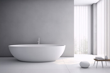 Fototapeta na wymiar Bathroom interior in a contemporary style with a freestanding bathtub, pebble, stool and large windows with white curtains