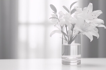 Black and white photo of a glass vase with white lilies on a white table with a blurred background - obrazy, fototapety, plakaty
