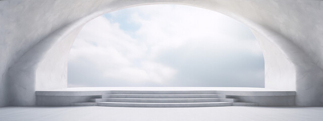 3D rendering of a concrete room with a large arched opening to the sky - obrazy, fototapety, plakaty