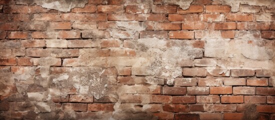 An ancient brick wall, covered in multiple fractures and chipped paint, showing signs of age and decay