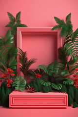 Pink surreal still life photography of a pink frame with tropical plants and flowers in front of it