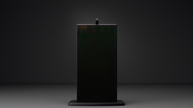 Black leather podium with microphone on dark background, 3D illustration
