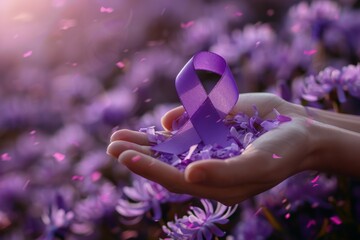A hand holding a purple ribbon with pink flowers in the background