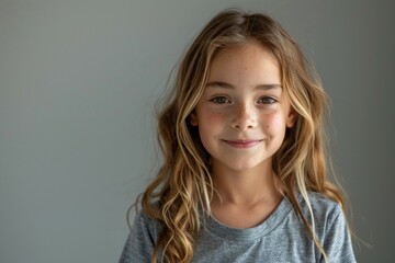 A young girl with long brown hair and freckles is smiling at the camera - obrazy, fototapety, plakaty