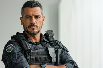 A man in a police uniform stands with his arms crossed