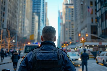 A police officer stands on a busy city street