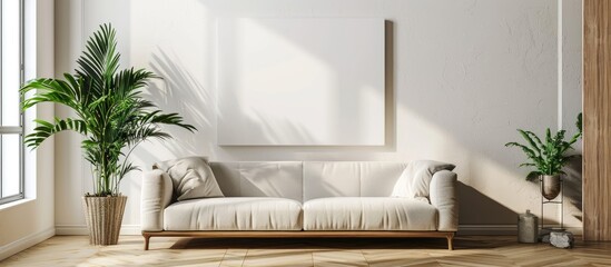 Mock-up of an interior poster painting showing an empty canvas displayed on a white wall in a room with a sofa and a green plant, allowing for interior design photography with space for text.