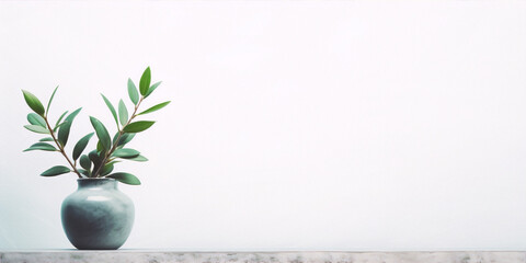Minimalistic still life photography of a green plant in a ceramic vase on a concrete surface against a white background - obrazy, fototapety, plakaty