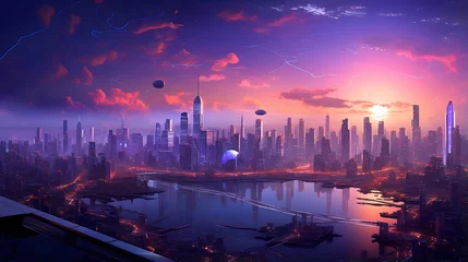 Foto op Canvas Panoramic aerial view of modern city skyline at sunset in Shanghai, China © Iman