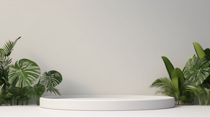 White podium with tropical leaves on pastel background, 3d rendering.