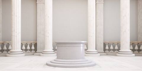 3D rendering of a classic interior space with marble columns, a podium, and a balustrade in the background - obrazy, fototapety, plakaty