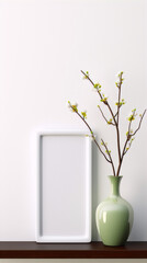 3D illustration of a still life with a green vase of budding cherry blossoms on a wooden shelf against a white wall in a minimalist style