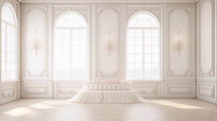 3d illustration of a luxury classic interior with a seating area in the center and large windows with sunlight