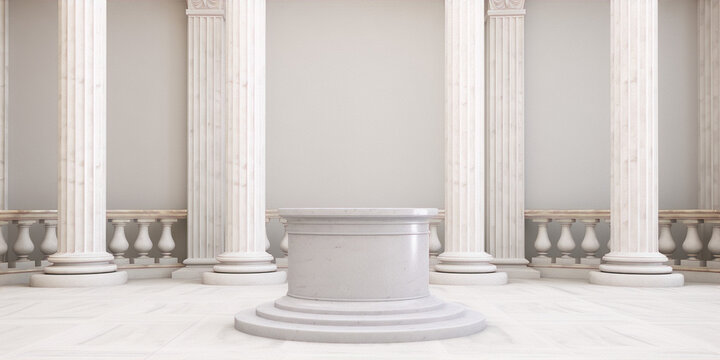 3D rendering of a classic interior space with marble columns, a podium, and a balustrade in the background