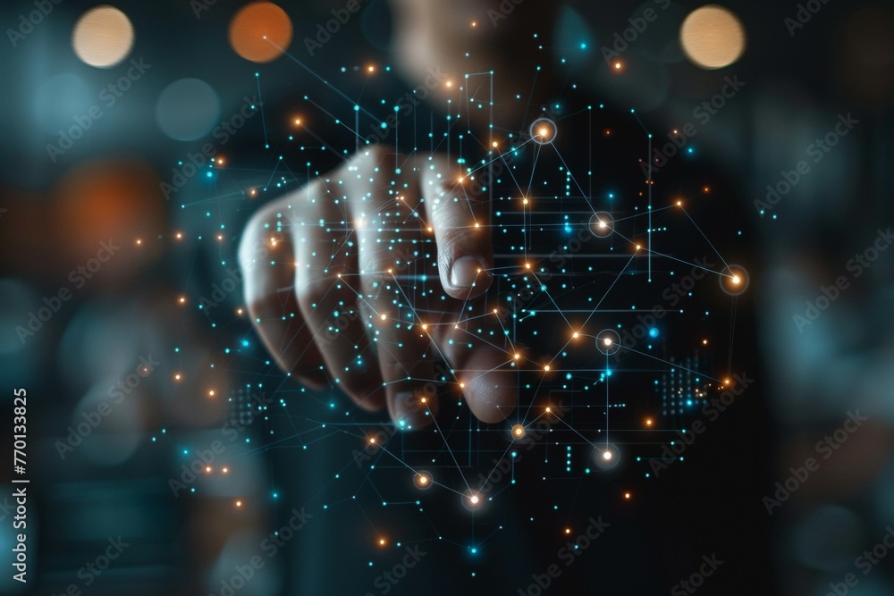 Poster a hand pointing at a computer screen with a lot of dots