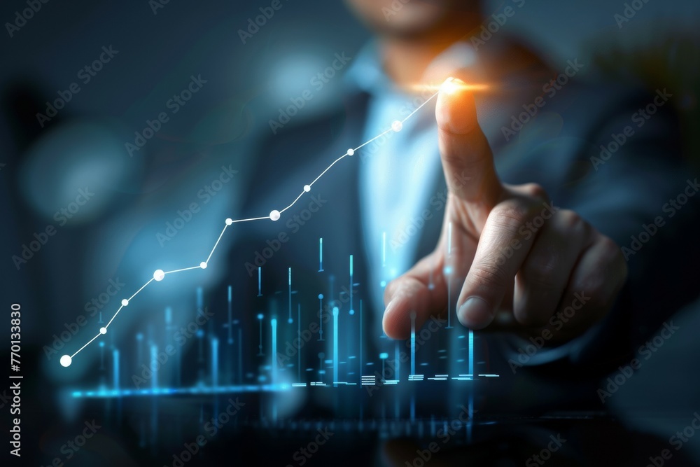 Poster a man is pointing at a graph with a line that is rising