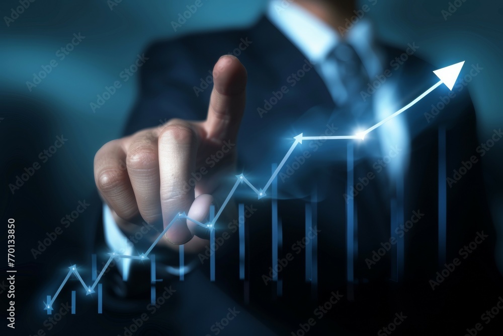 Aufkleber a man in a suit is pointing to a graph with a rising arrow