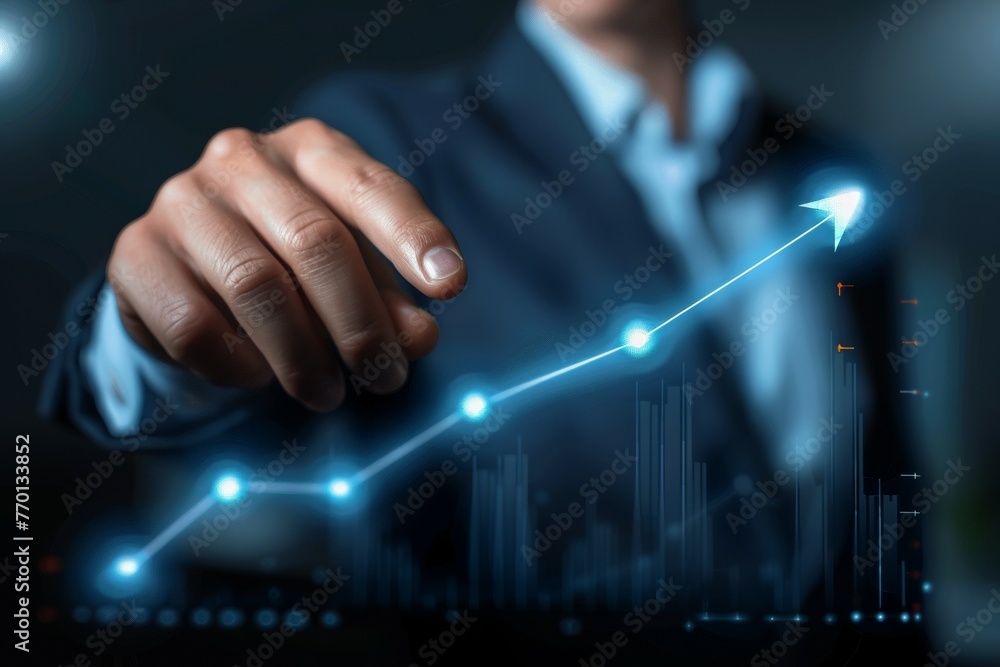 Poster a man is pointing at a graph with a blue arrow
