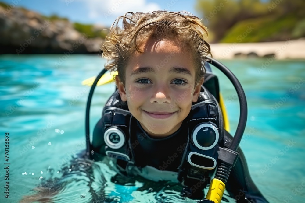 Poster child at diving lessons. background with selective focus and copy space