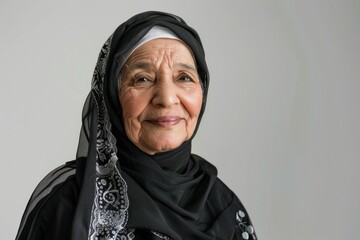 A woman wearing a black scarf and a white head scarf