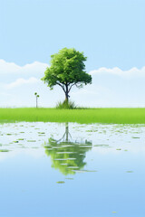 Digital painting of a lonely tree and a sapling by a pond on a bright sunny day with a blue sky and white clouds in a minimalist style