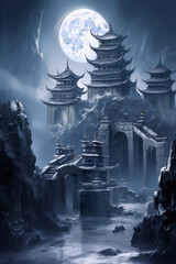 A digital painting of a Chinese temple on a mountaintop, with a full moon in the background.
