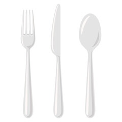 Vector Flat Simple Cartoon Dinner Fork, Knife and Spoon Icon Set Closeup, Isolated. Tableware Set. Top View