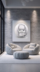3d rendering of a cozy living room with a gray brick wall and a painting of a cute cartoon character in a gray frame, with two gray armchairs and a gray ottoman in front of it.