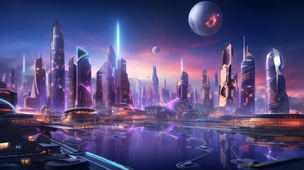 Futuristic city at night. Panoramic view. 3d rendering