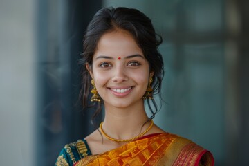 A woman wearing a yellow and green sari is smiling