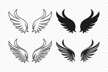Vector Wing Icon Set. Vintage Angel Wings Silhouette, Icons, Logo Design Template, Clipart Collection. Cupid, Bird Wings. Vector Illustration