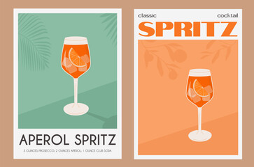 Aperol Spritz Cocktail in glass with ice and orange slice. Summer Italian aperitif retro poster set. Wall art with alcoholic beverage garnished with orange wedge and citrus tree on background. Vector.