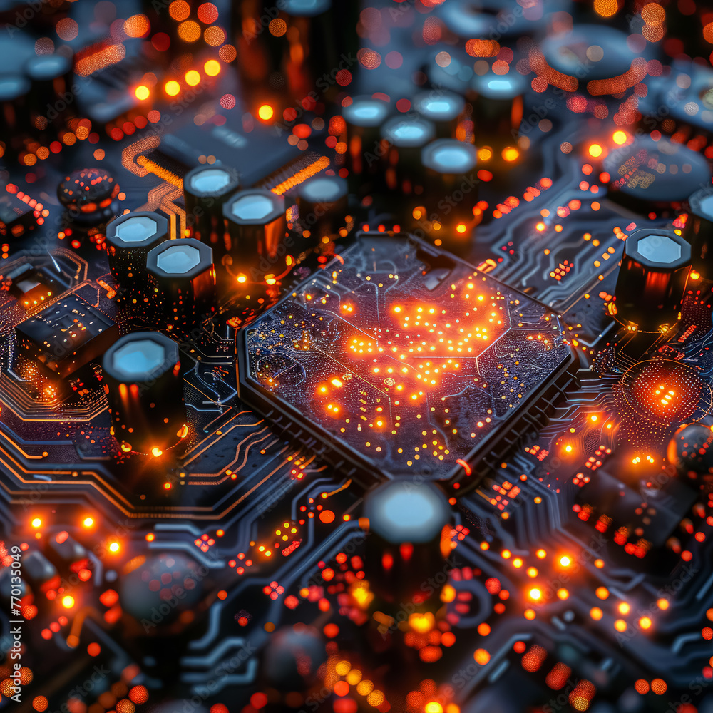 Poster a close up of a computer chip with a red glow. the chip is a microprocessor and is surrounded by oth