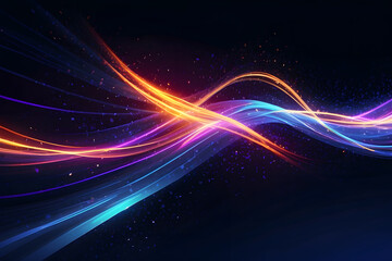 Vector glitter light fire flare trace. Abstract image of speed motion on the road. Dark blue abstract background design with ultraviolet neon glow, blurry light lines, and waves design
