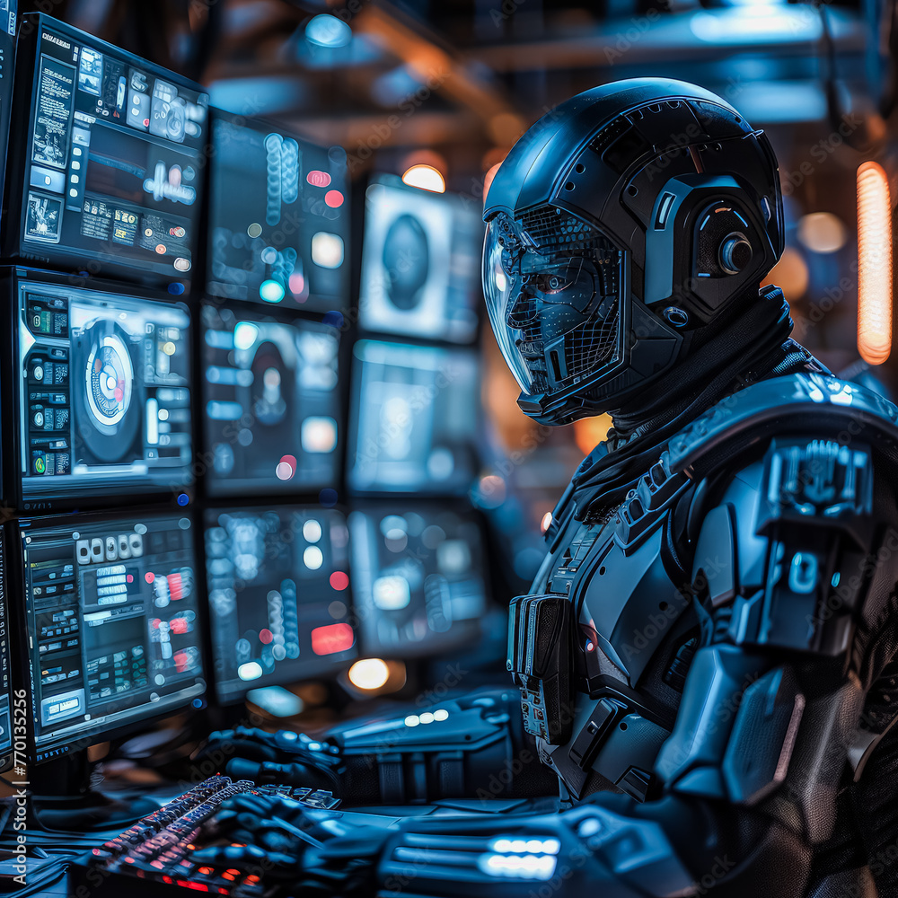 Poster a professional in a sleek black suit dons a helmet as he sits before a computer monitor, ready to em