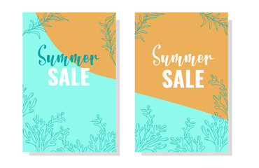 Summer sale layout template for banner coupon. Collection special discount offers summer time. Sand and sea decoration corals. Vector illustration.