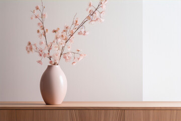 Still life photography of pink cherry blossoms in a pink vase on a wooden table against a white background in a minimalist style.