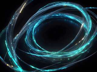 Swirling fibre-optic cables with glowing light points design.