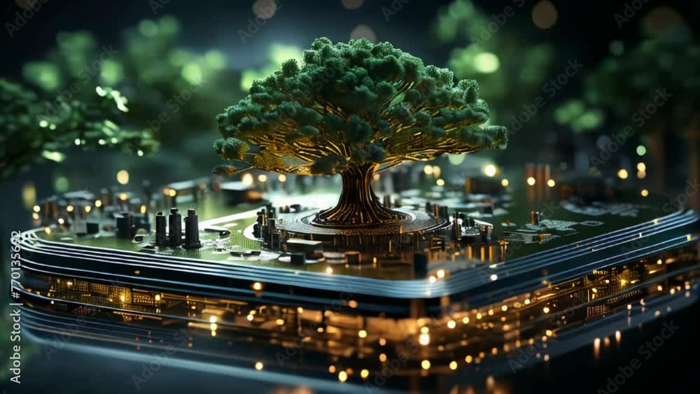 Poster green natural eco-friendly tree and computer technology on an abstract high-tech futuristic backgrou