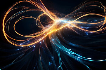 Swirling fibre-optic cables with glowing light points design.